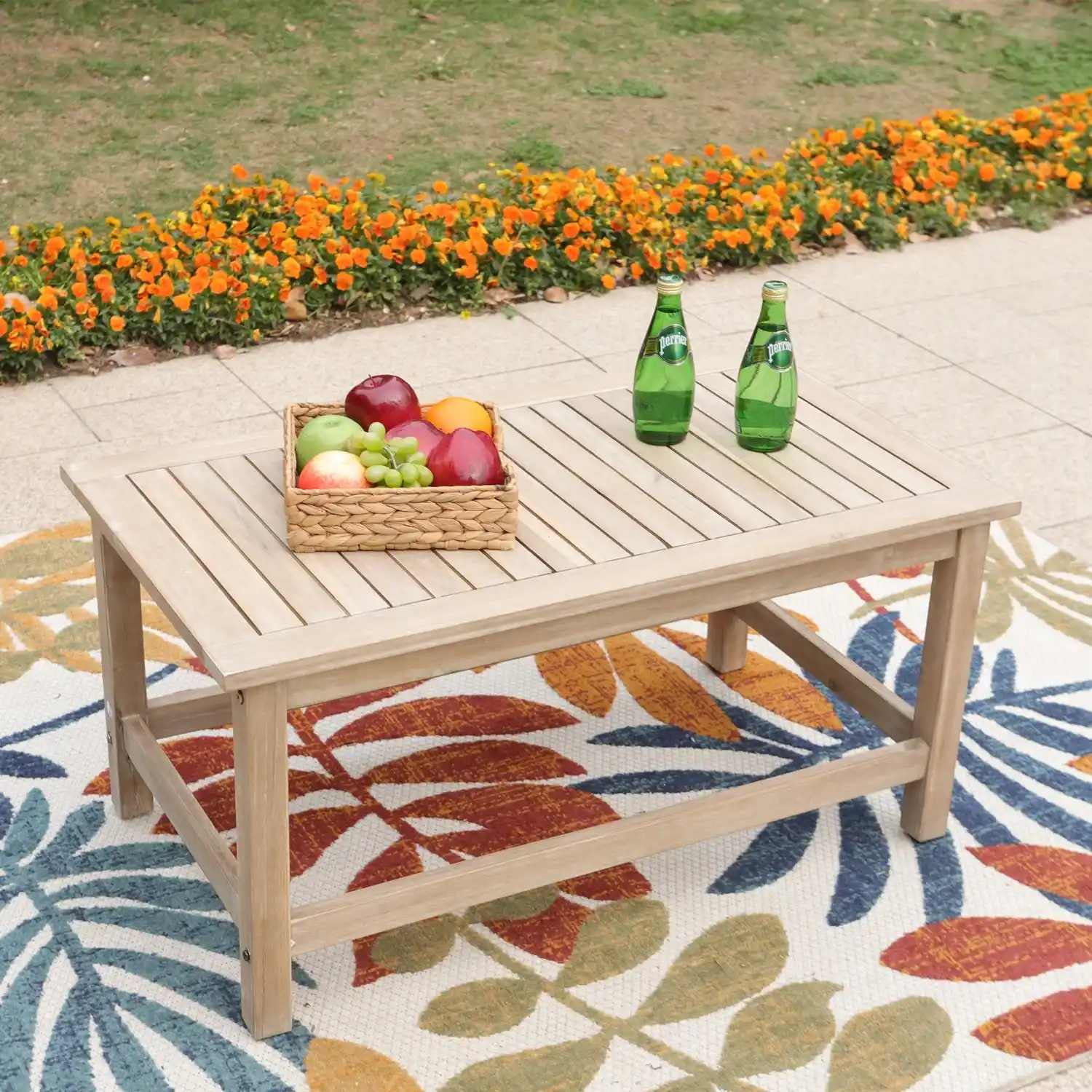 MF Studio 5 Pieces Outdoor Patio Conversation Set Wicker Furniture Sectional Sofa Set with Solid Acacia Wood Frame Beige