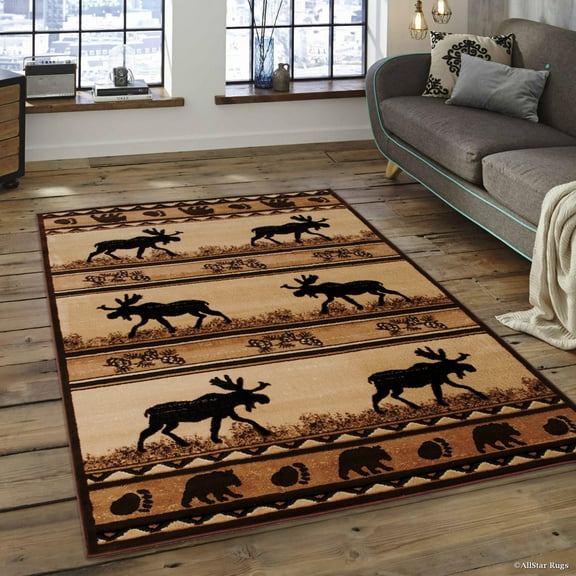 Brown Nature Wildlife Outdoor Cabin Bear with Fish Area Rug (3' 9" x 5' 1")