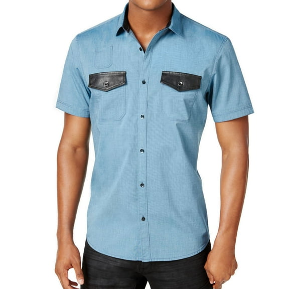 I.N.C Mens Multi-Pocket Button Up Shirt, Blue, Small