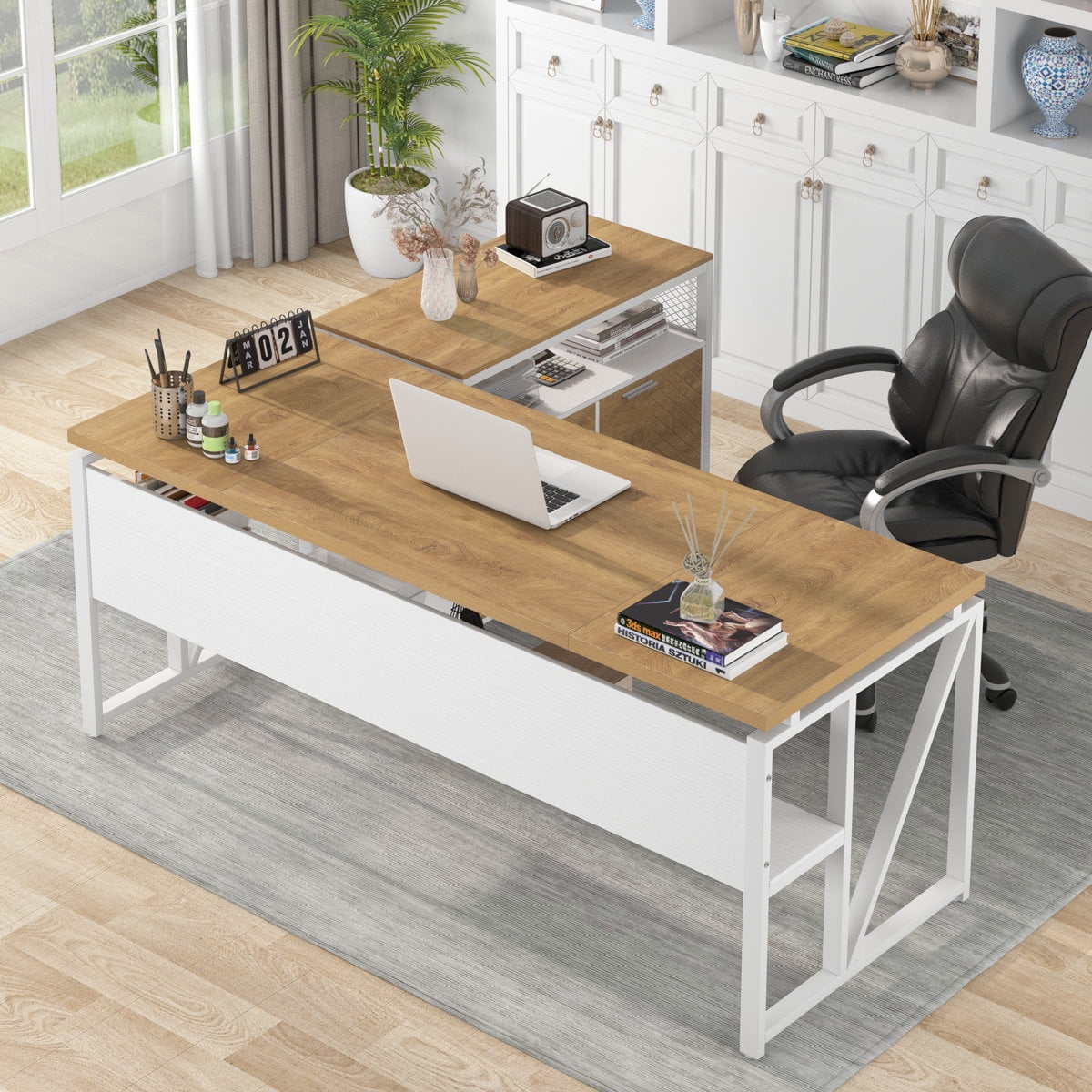 Tribesigns L-Shaped Executive Desk And Lateral File Cabinet (Oak Brown and White）