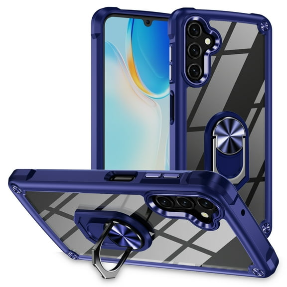 ELEHOLD Rugged Clear Case for Samsung Galaxy A14 5G Hybrid Hard PC Crystal Clear Back+Soft TPU Shockproof Design Slim Lightweight Case with Metal Ring Holder Kickstand for Samsung A14 5G,Blue