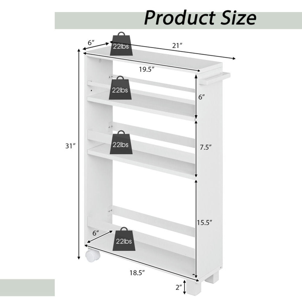 Finihen Rolling Cart, Kitchen Island Cart, 4-Tier Slim Storage Kitchen Cart with Adjustable Shelves, for Kitchen, Dining Room, White