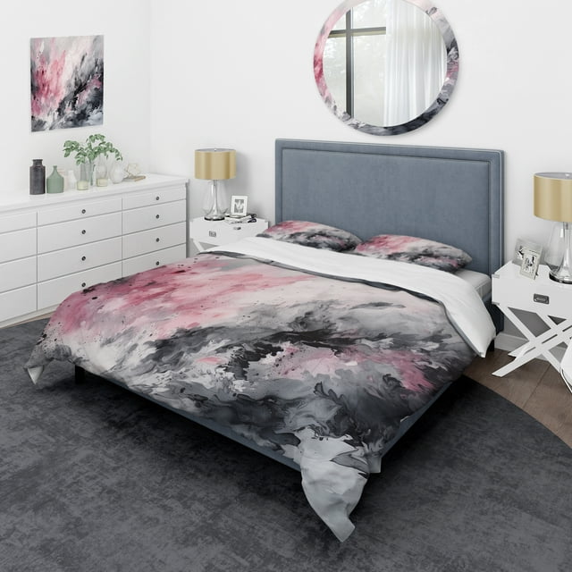 Designart "Evolving in Pink and Grey Liquid Ink I" Modern Geometric Bedding Covert Set - Abstract Geometric Pink Abstract Bed Set With 1 Sham