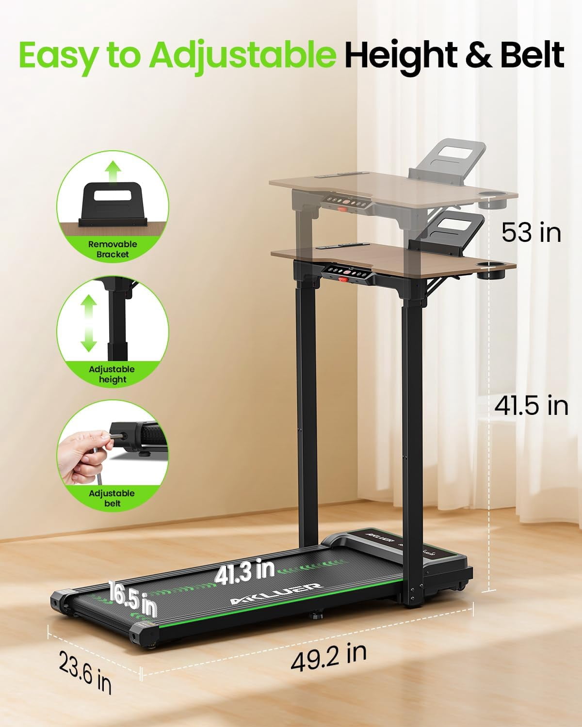 Akluer P3-D Adjustable Desk Treadmill, 2.5HP Quiet Walking Pad with Integrated Desktop, Remote Control, 6.2MPH, Compact Folding Design