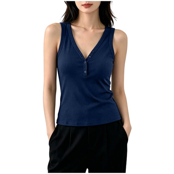 GUACER V-Neck Ribbed Henley Tank Tops for Women, Sleeveless Blouses Button-Front Soft Stretch Knit Fitted Cami Tops