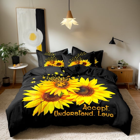 Orylavena Golden Sunflower Sunburst Microfiber Duvet Cover Set, Black Back, Twin