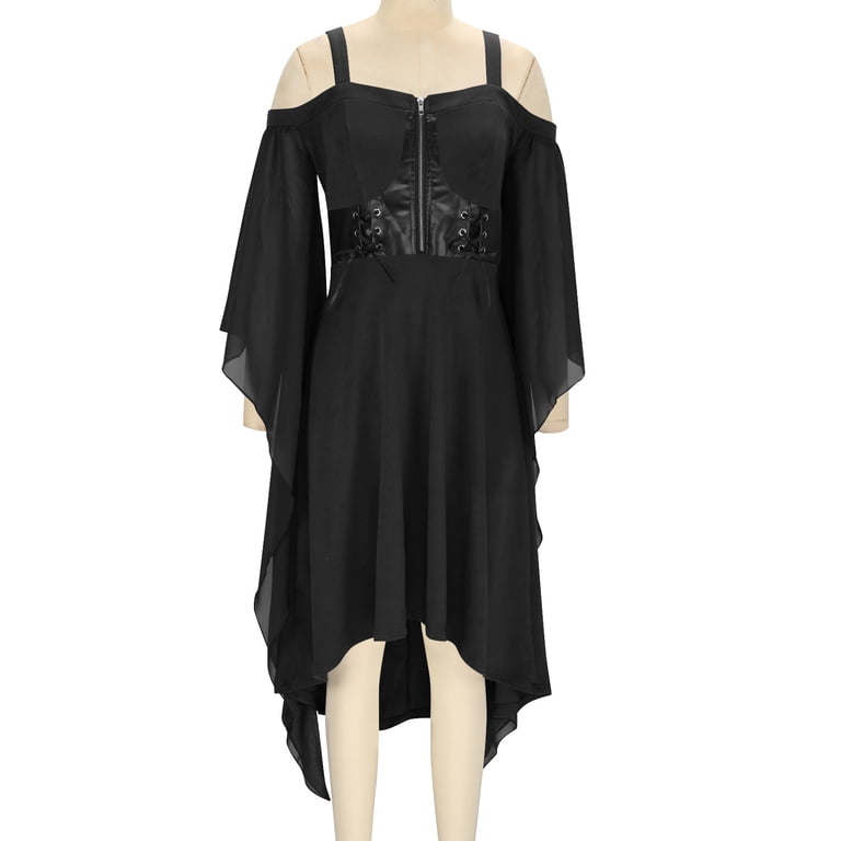FAVIPT Womens Gothic Steampunk Dress Halloween Cold Shoulder Swing Midi Dresses  Lace Up Plain Corset Costume Medieval Renaissance Dress Black,XXL -  Walmart.com