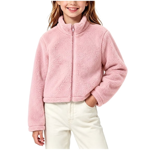 Horkkom Girls Fleece Jacket Teen Solid Color Cropped Zip Up Collared Sweatshirts Kids Casual Trendy Jackets 7-8 Years
