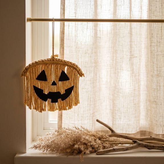 Halloween Boho Macrame Wall Hanging, Fringe Woven Pumpkin & Bat Shape Tapestry, Cotton Rustic Fall Indoor Decor for Bedroom, Living Room, Mantel (1PC, A)