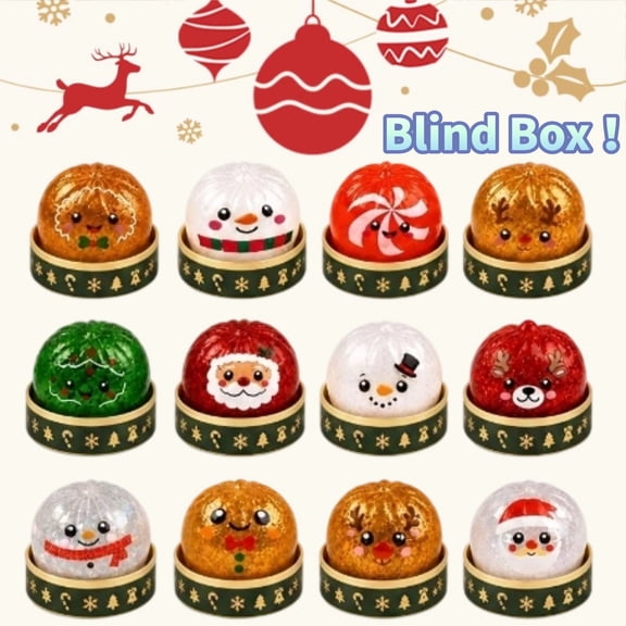 2PCS Christmas Dumpling Squishy Mystery Blind Box 2 Pack Glitter Squeeze Stress Ball Festive Pretend Play Toy Holiday Gift Exchange Supplies Unboxing Surprise For Home School Use Age 3 Plus