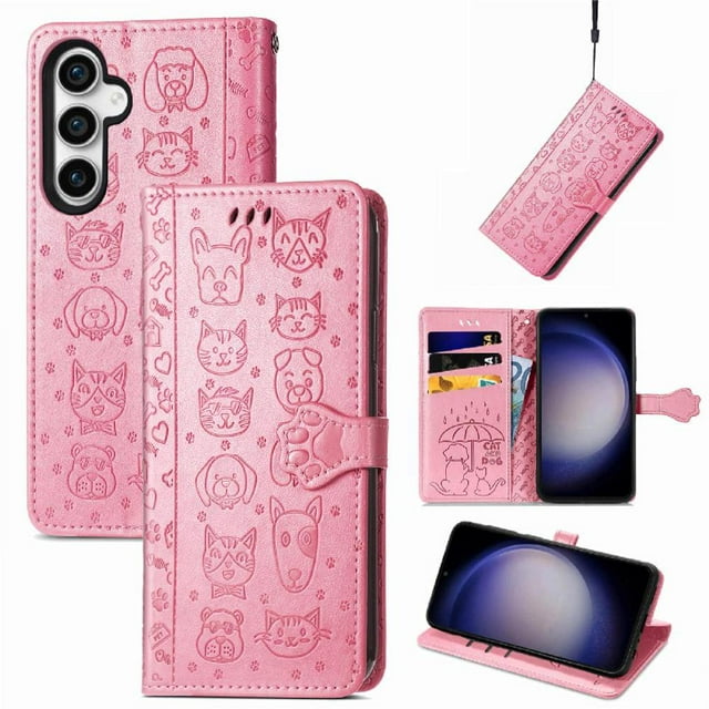 Funda Cartera FOXDOCK para Samsung Galaxy S23FE , Flip PU con Relieve de Gatos y Perros, Tarjetero y Soporte