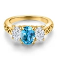 thumbnail image 3 of Gem Stone King 18K Yellow Gold Plated Silver Swiss Blue Topaz and White Moissanite Filigree Style 3 Stone Ring for Women (2.50 Cttw, Oval 8X6MM and 6X4MM) (Size 5), 3 of 6