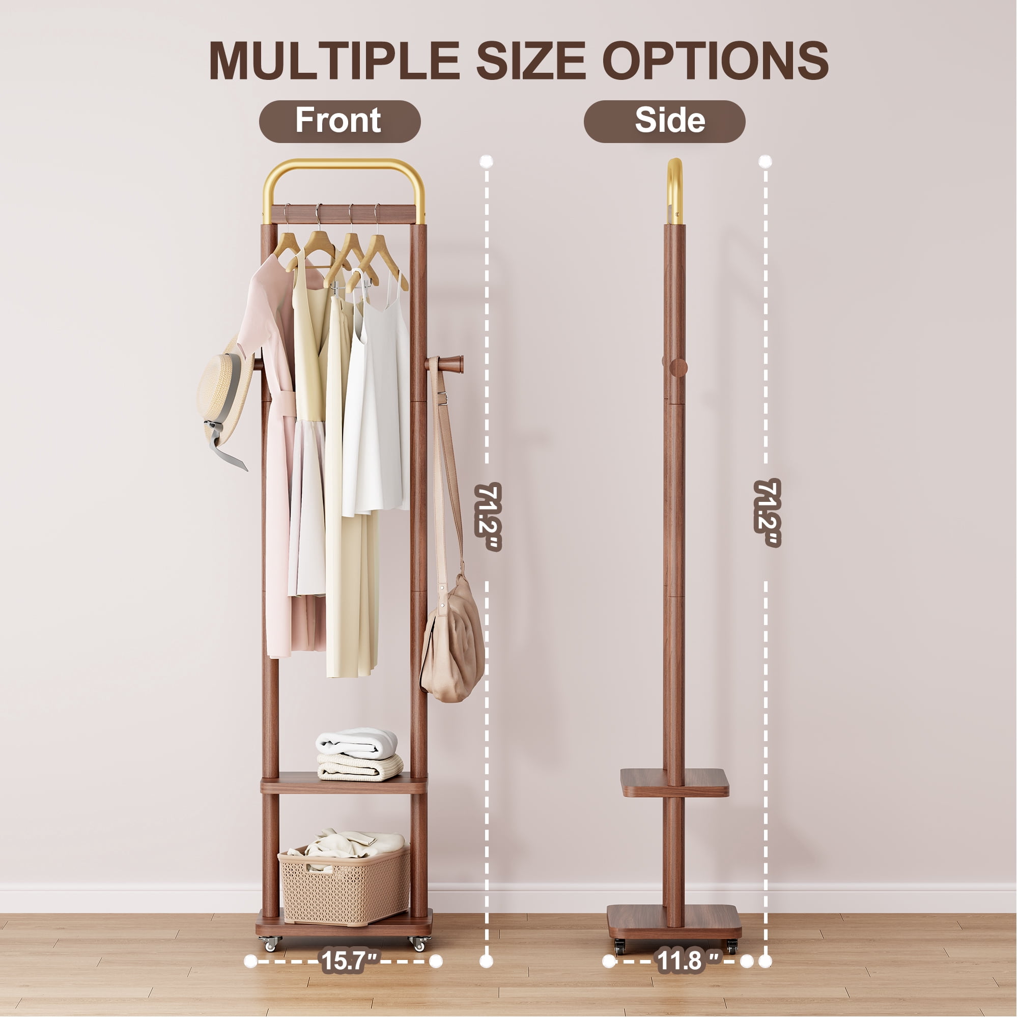 HOQBN 71"H Coat Racks Solid Wood Hanger with Wheel,Easy to Assemble for Bedroom,Hallway,Living Room,Walnut
