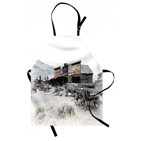 Western Apron Old Wooden Wagons from 20's in Ghost Town Antique Wyoming Wheels Artwork Print, Unisex Kitchen Bib Apron with Adjustable Neck for Cooking Baking Gardening, Brown White, by