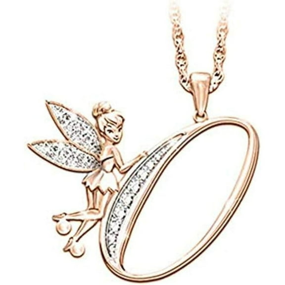 14K Rose Gold Finish Round Cut White Diamond 925 Sterling Silver Diamond Cute Elf Angele With O Initial Letter Pendant Necklace for Women