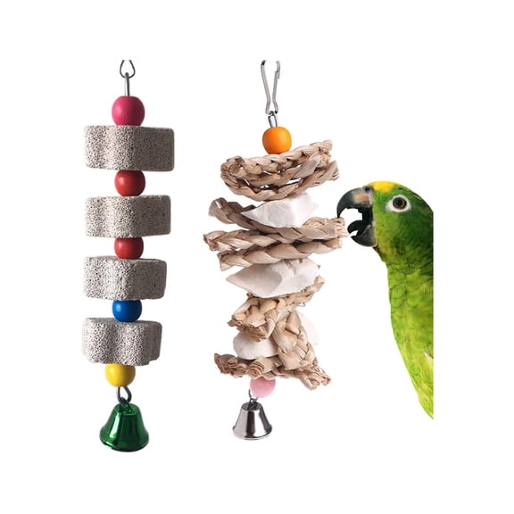 BESTSKY 2 Pack Parrot Toys Chewing Bird Toy Cuttlebone Beak Grinding Stone Cage Hanging Toys with Bell for African Greys Conure Eclectus Budgies Parakeet Cockatiel Hamster Chinchilla