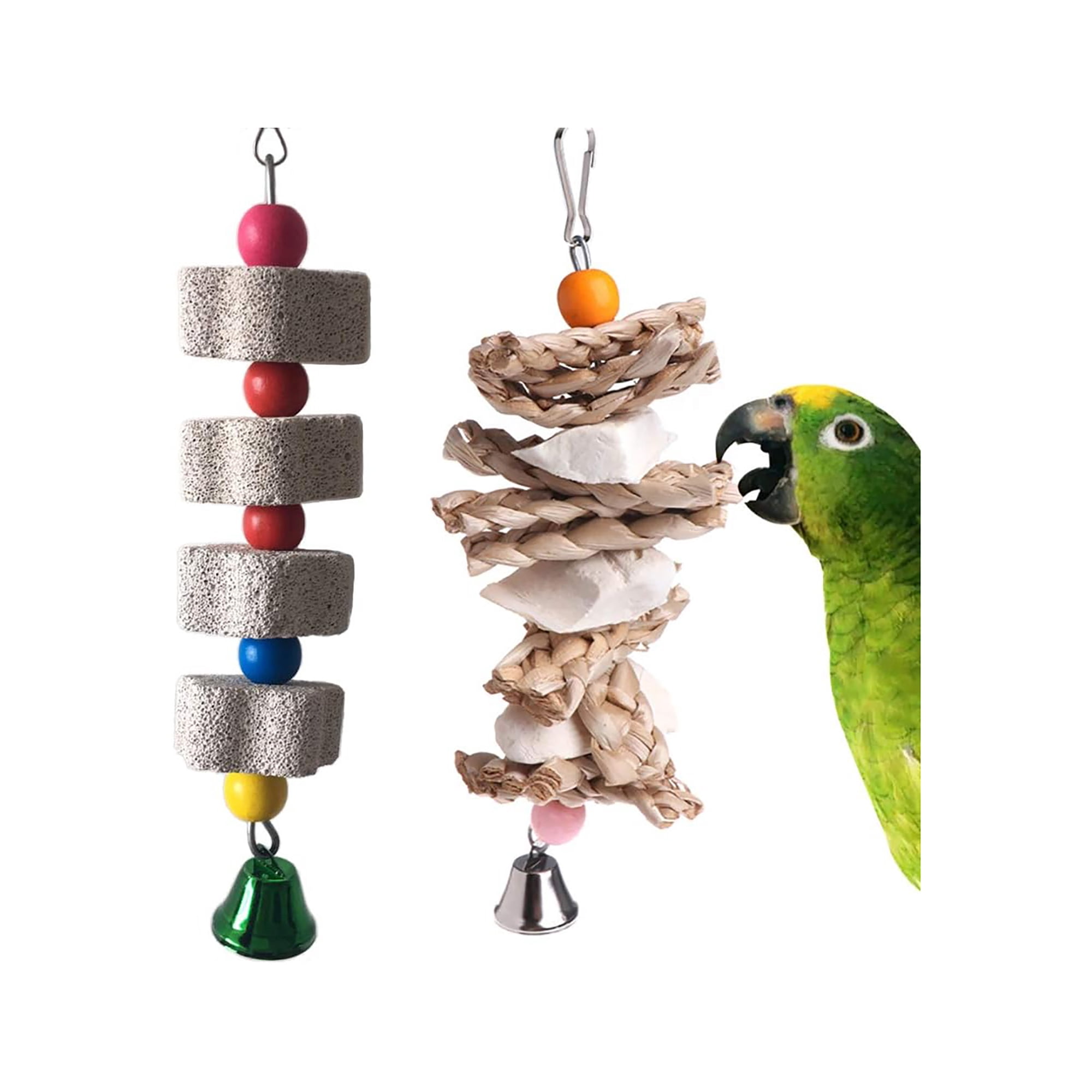 BESTSKY 2 Pack Parrot Toys Chewing Bird Toy Cuttlebone Beak Grinding Stone Cage Hanging Toys with Bell for African Greys Conure Eclectus Budgies Parakeet Cockatiel Hamster Chinchilla
