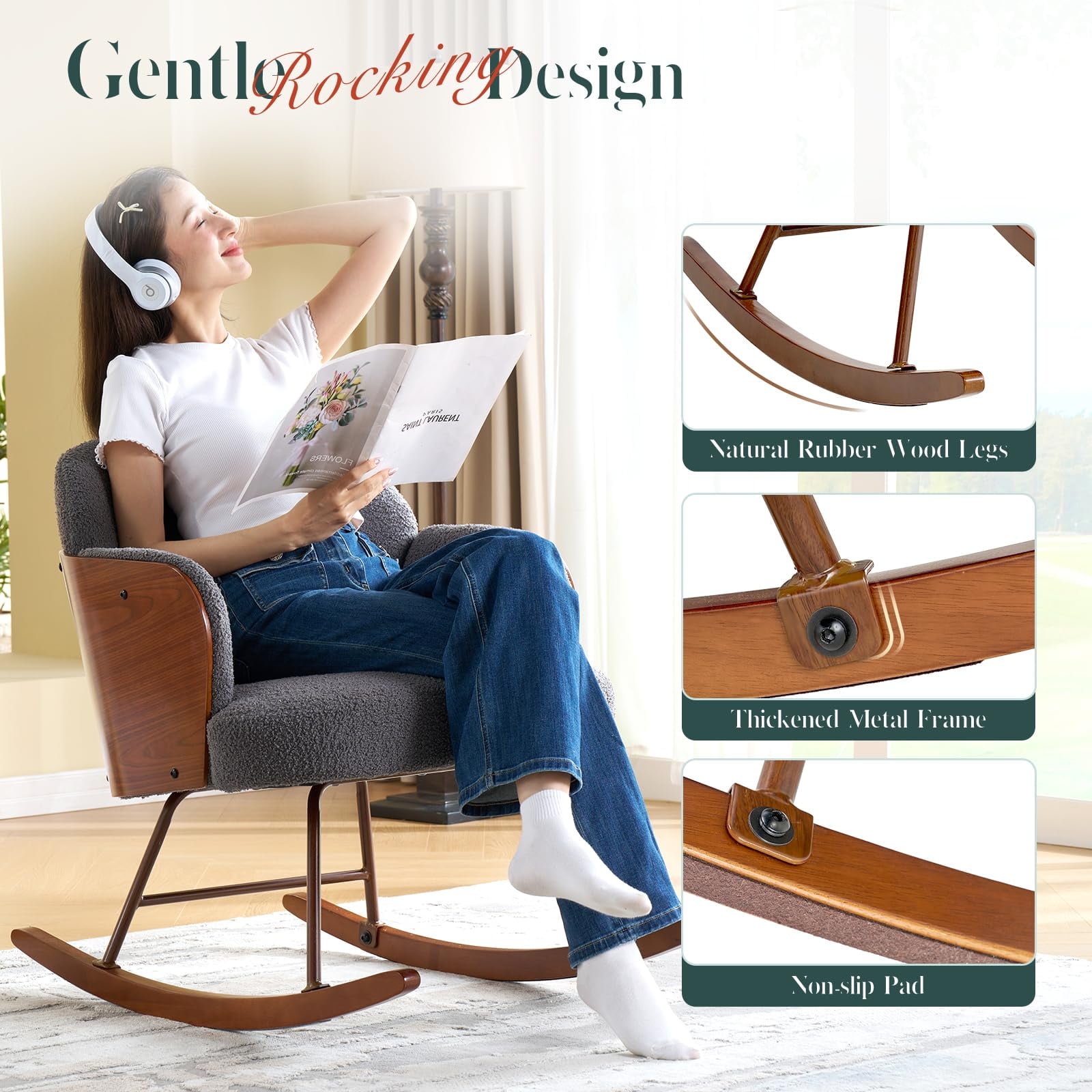 Merluxy Nursery Rocking Chair for Living Room,Bentwood Frame and Teddy Upholstered,Grey