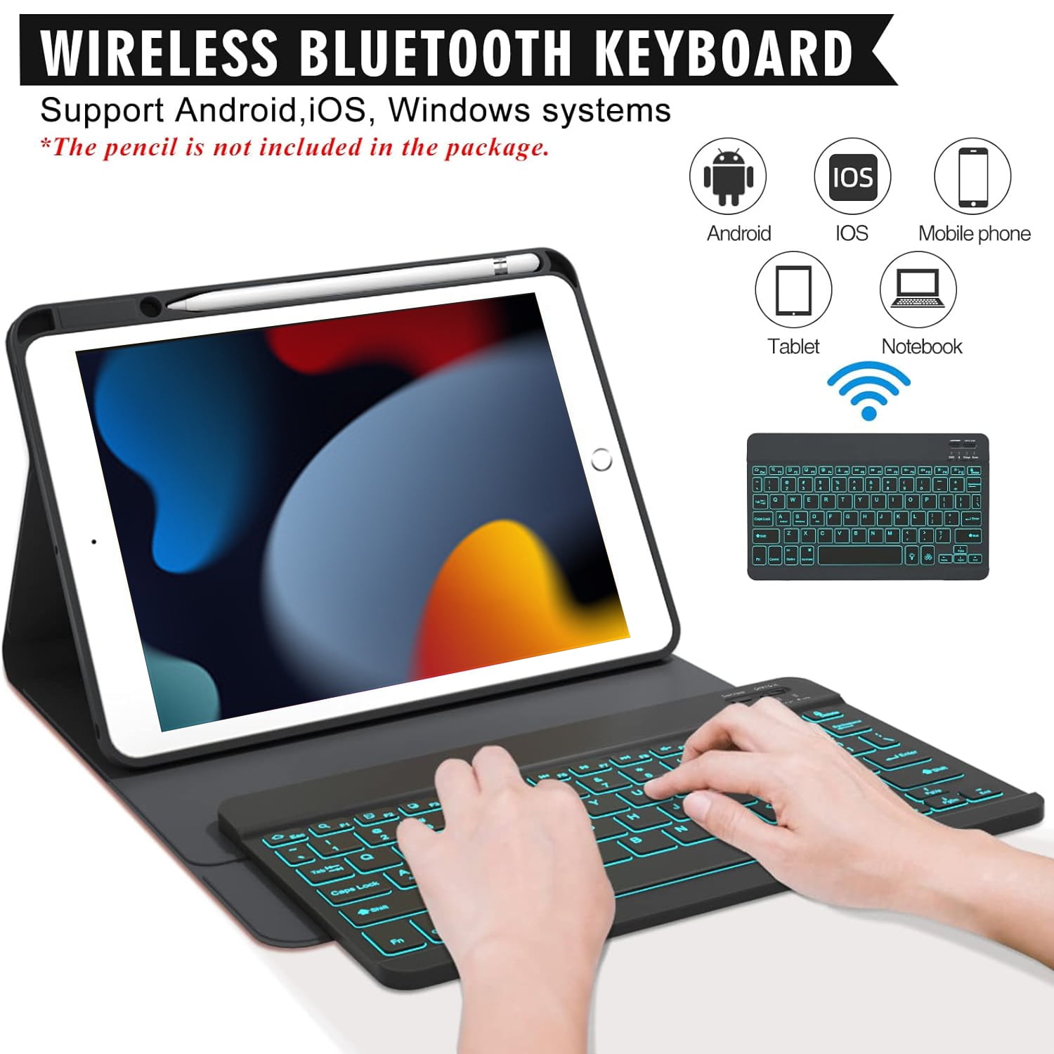 Vinci iPad 9th/8th/7th Generation Keyboard Case 10.2 inch 2021/2020/2019, iPad Pro 10.5-inch Case with Keyboard,iPad Air 3 2019, 7 Color Backlit Removable Wireless Folio Keyboard Tablet Cover(Black)