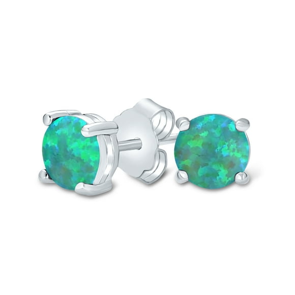 1CT Lab Created Iridescent Green Opal Round Solitaire Stud Earrings for Women Teen .925 Sterling Silver October Birthstone 6MM 4 Prong Basket Set