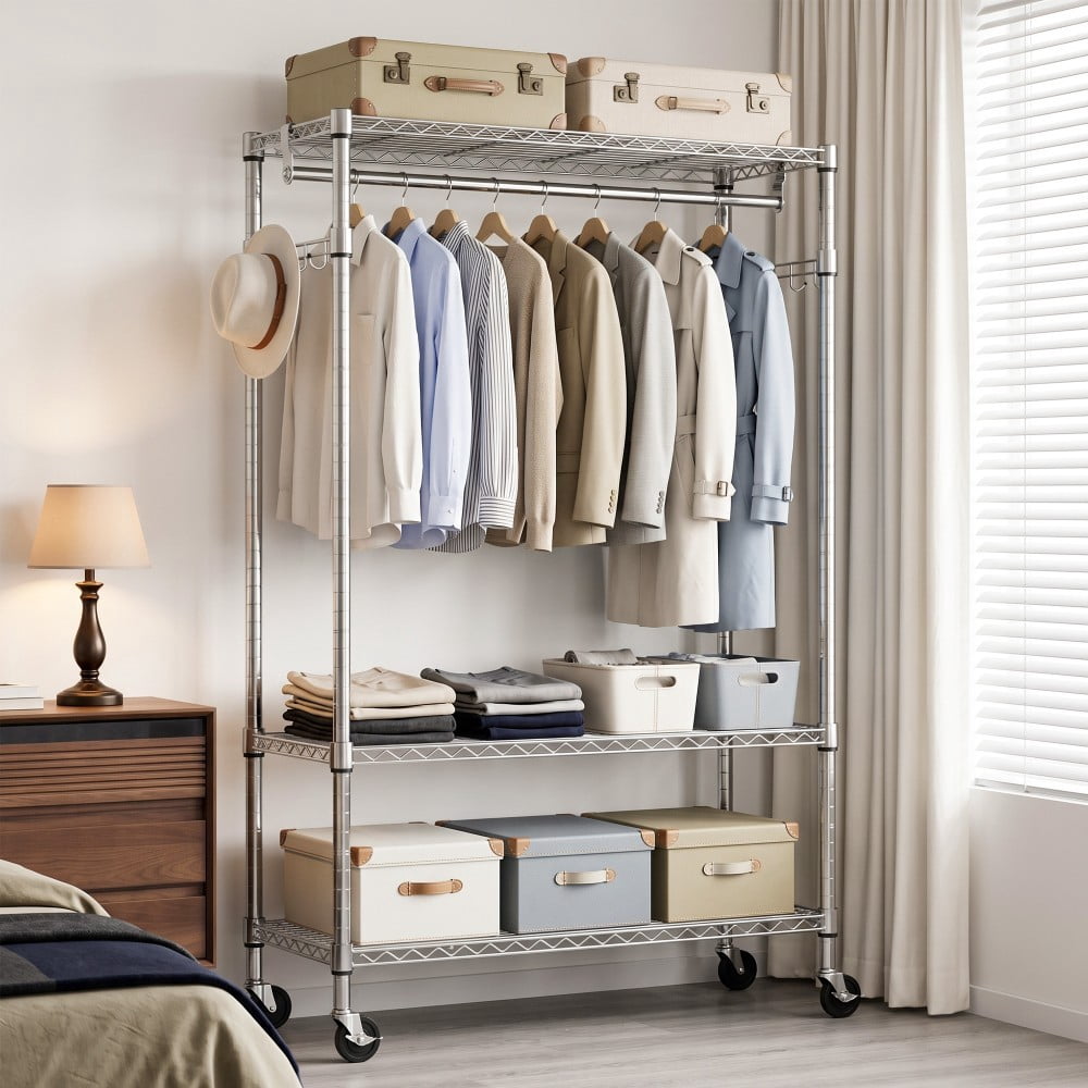 Heavy Duty Rolling Garment Rack, 3-Tier Adjustable Wire Shelving Clothes Rack with Hanging Rod, Side Hooks & Lockable Wheels, Chrome