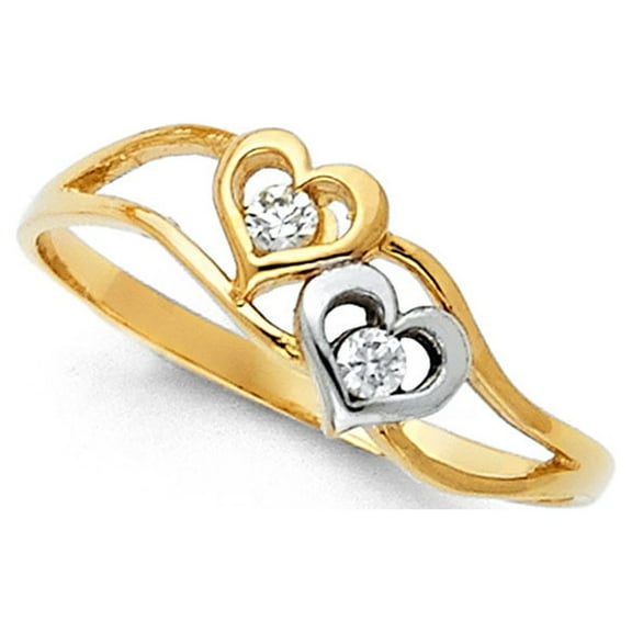 14k White Yellow Gold CZ Heart Ring Semanario Band Love Two Hearts Together Stylish Fancy Size 7