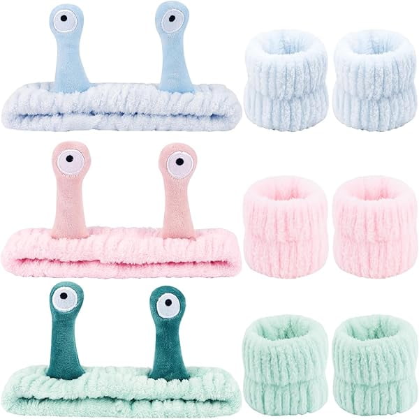 wonima11 Snail Spa Headband and Wristband Set Skincare Makeup Headband for Washing Face Cute Animal Spa Head Band for Women Girls Stocking Stuffers (Pink Blue Green)