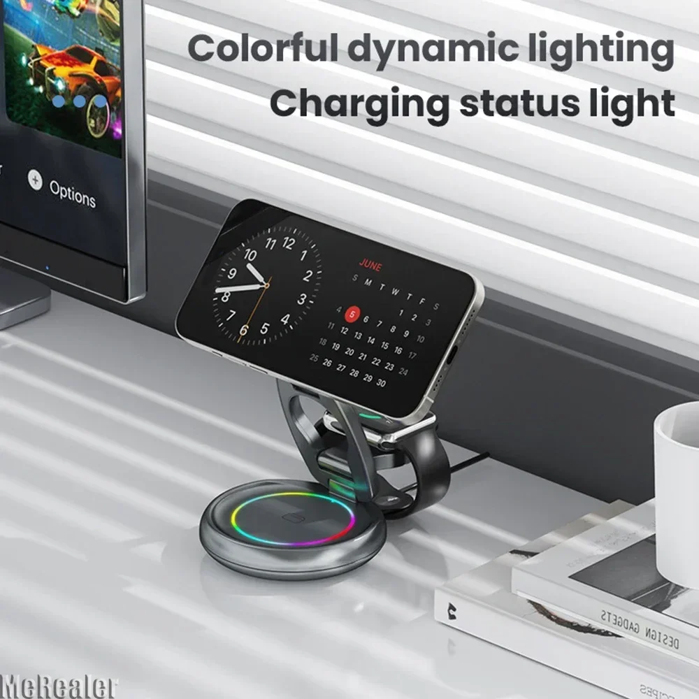 Rasdwt 3-in-1 Foldable Magnetic Wireless Charger Stand – 15W Fast Charge with Night Light & Includes 30W Adapter, Portable Charging Pad for iPhone, Apple Watch & AirPods 2/3, Home, Office, Travel