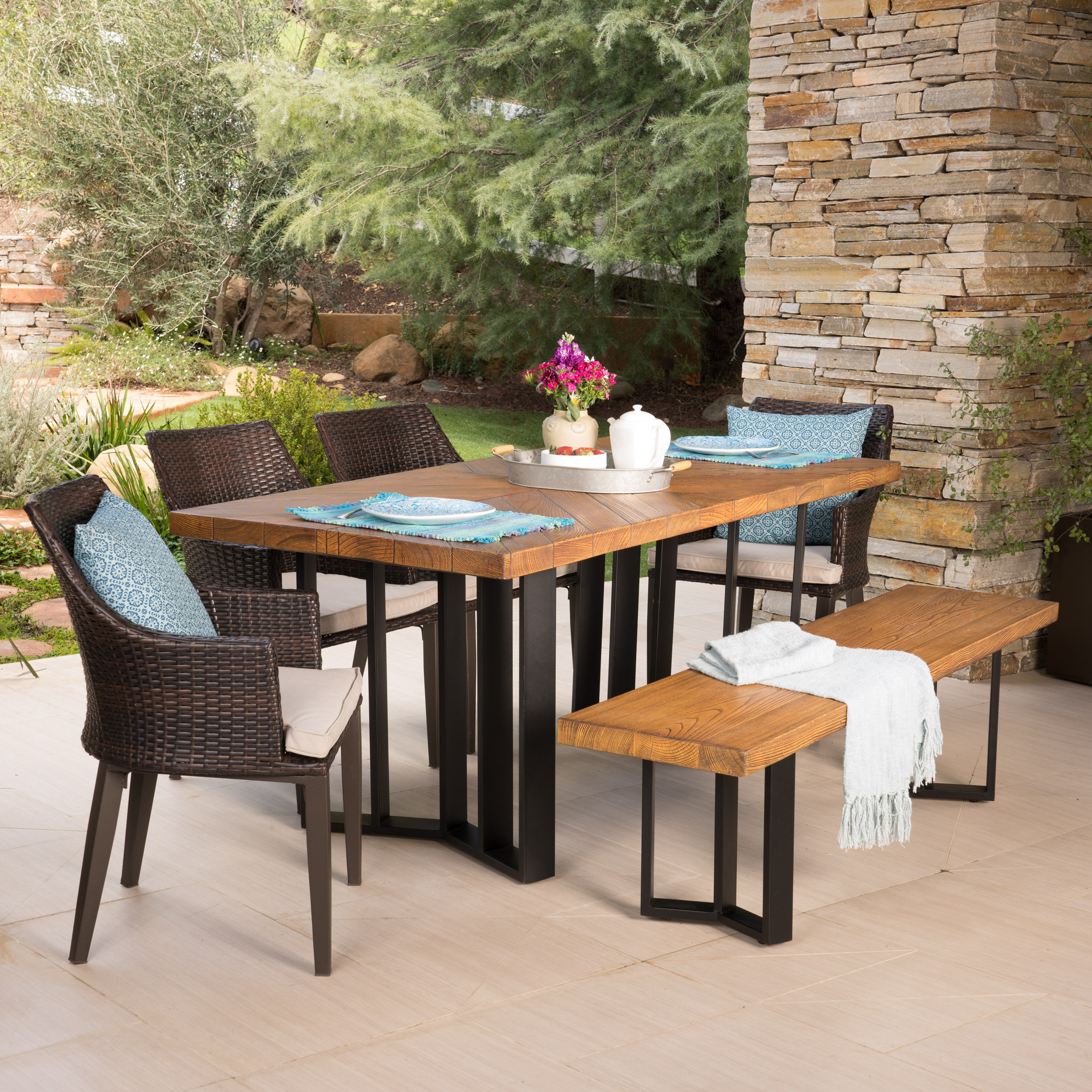 GDF Studio Sayveon Outdoor Wicker and Lightweight Concrete 6 Piece Dining Set with Bench, Textured Brown Walnut, Multibrown, and Black - image 2 of 13