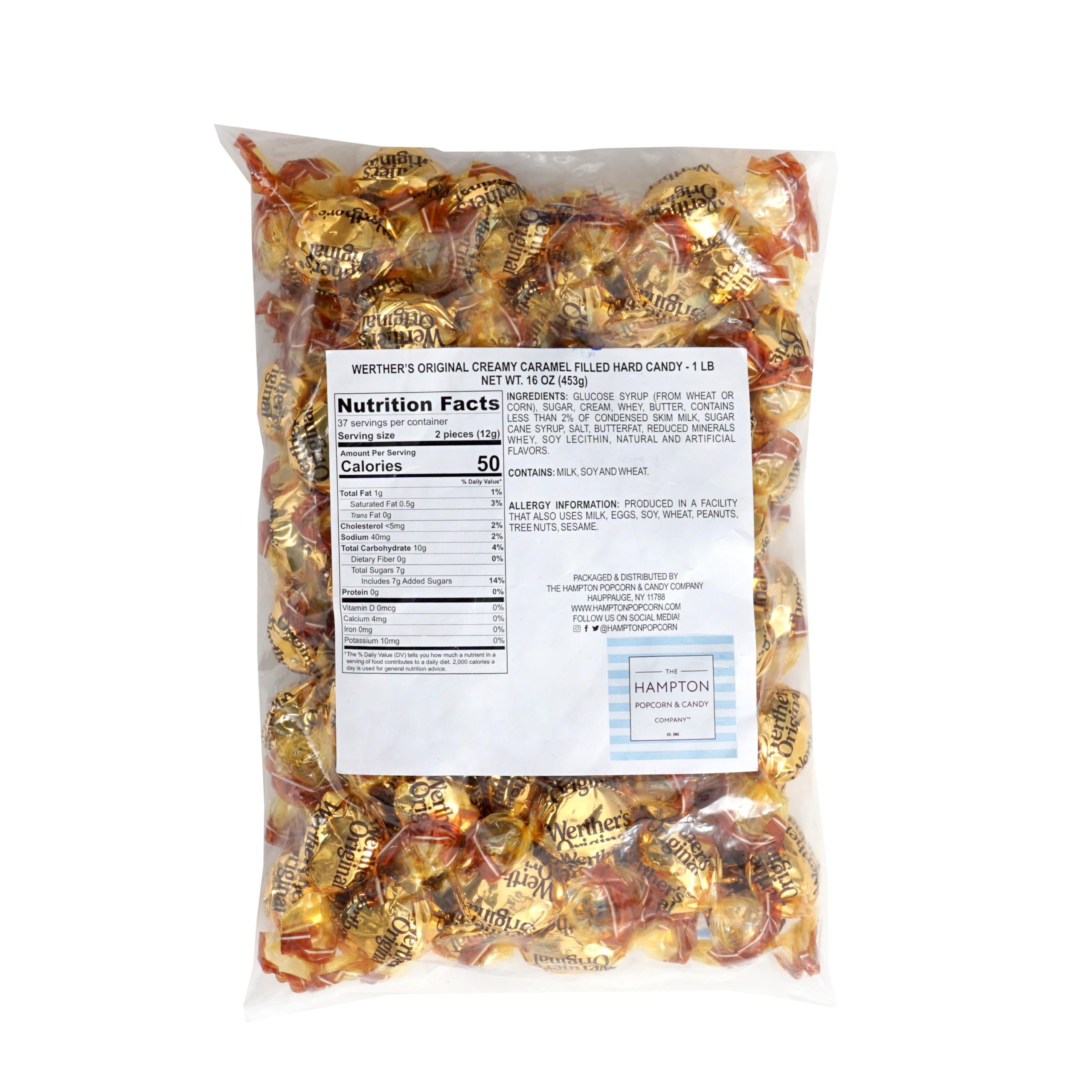 Werthers Original Creamy Caramel Filled Hard Candy, 1 Pound Bulk Bag, Individually Wrapped Werthers Caramel Filled Candy, The Hampton Popcorn & Candy Company
