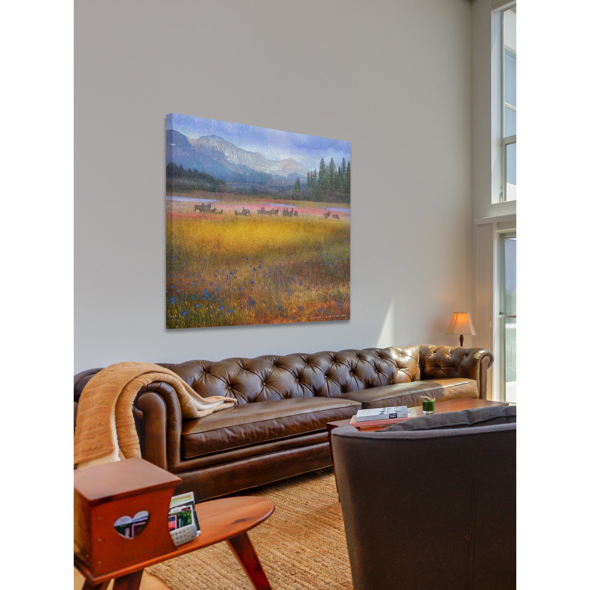 "Flowered Meadow Elk" Painting Print on Wrapped Canvas