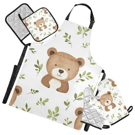 Cute Bears Leaves Watercolor Apron Set with Oven Mitts Pot Holders Set of 5 Kitchen Stuff Accessories