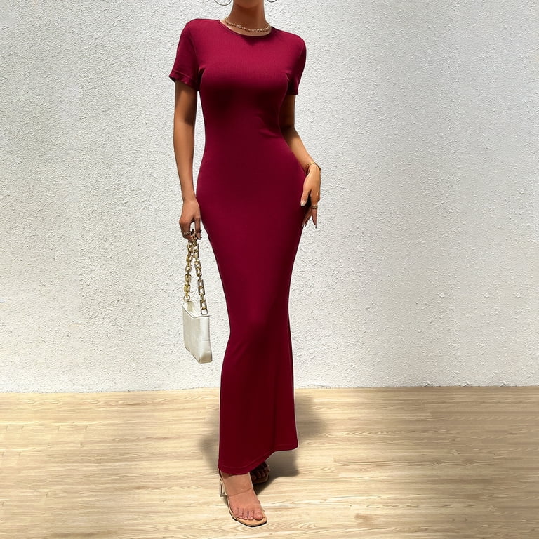 Valcatch Women's Summer Casual Long Dress Elegant Short Sleeve Crew Neck Bodycon  Maxi Dresses - Walmart.com