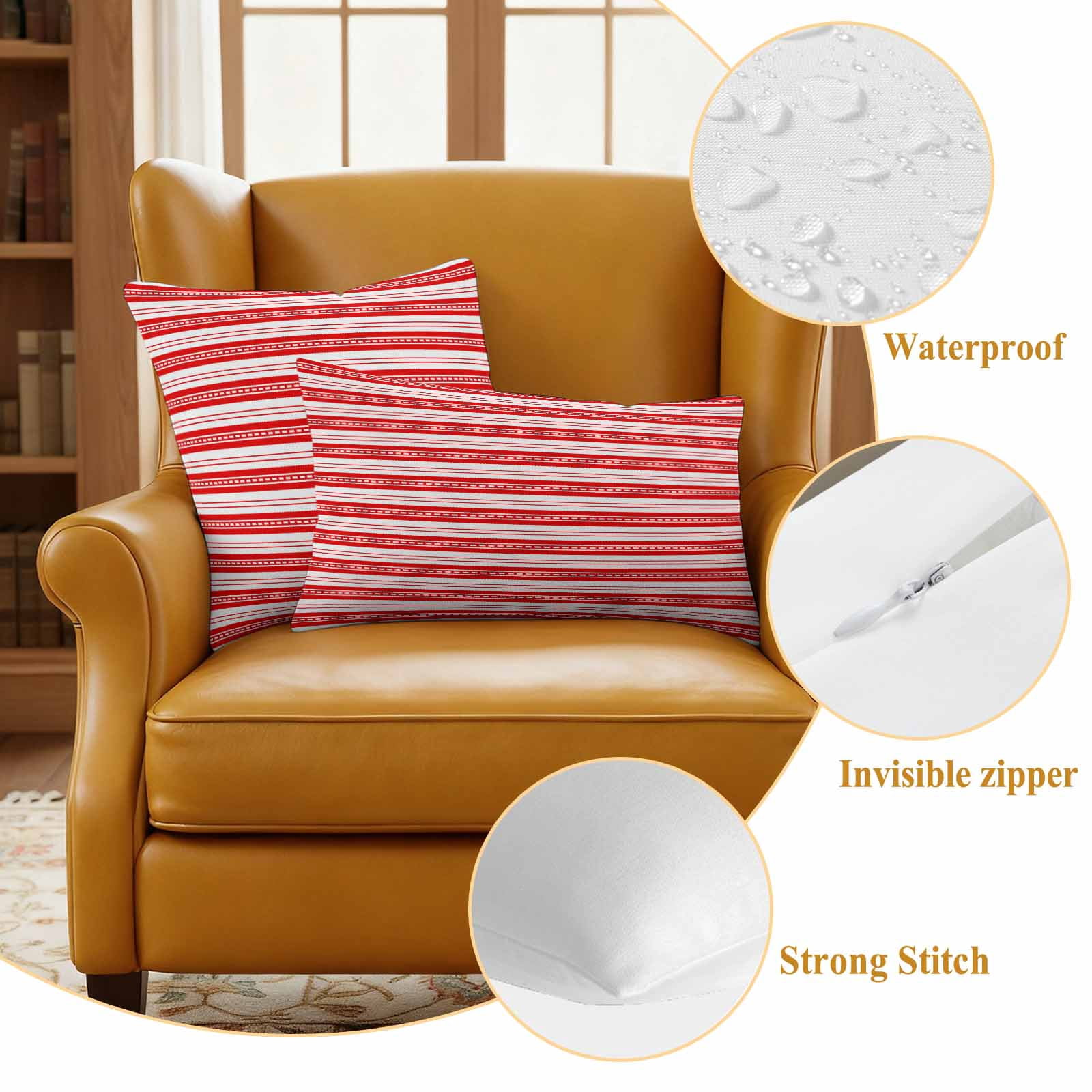 Boho Red Stripe Outdoor Waterproof Pillow Covers, Abstract Geometric White Minimalist Decorative Square Throw Pillowcase Sofa Cushion Sham for Patio/Couch/Chair, 20"x20" 2 Pack
