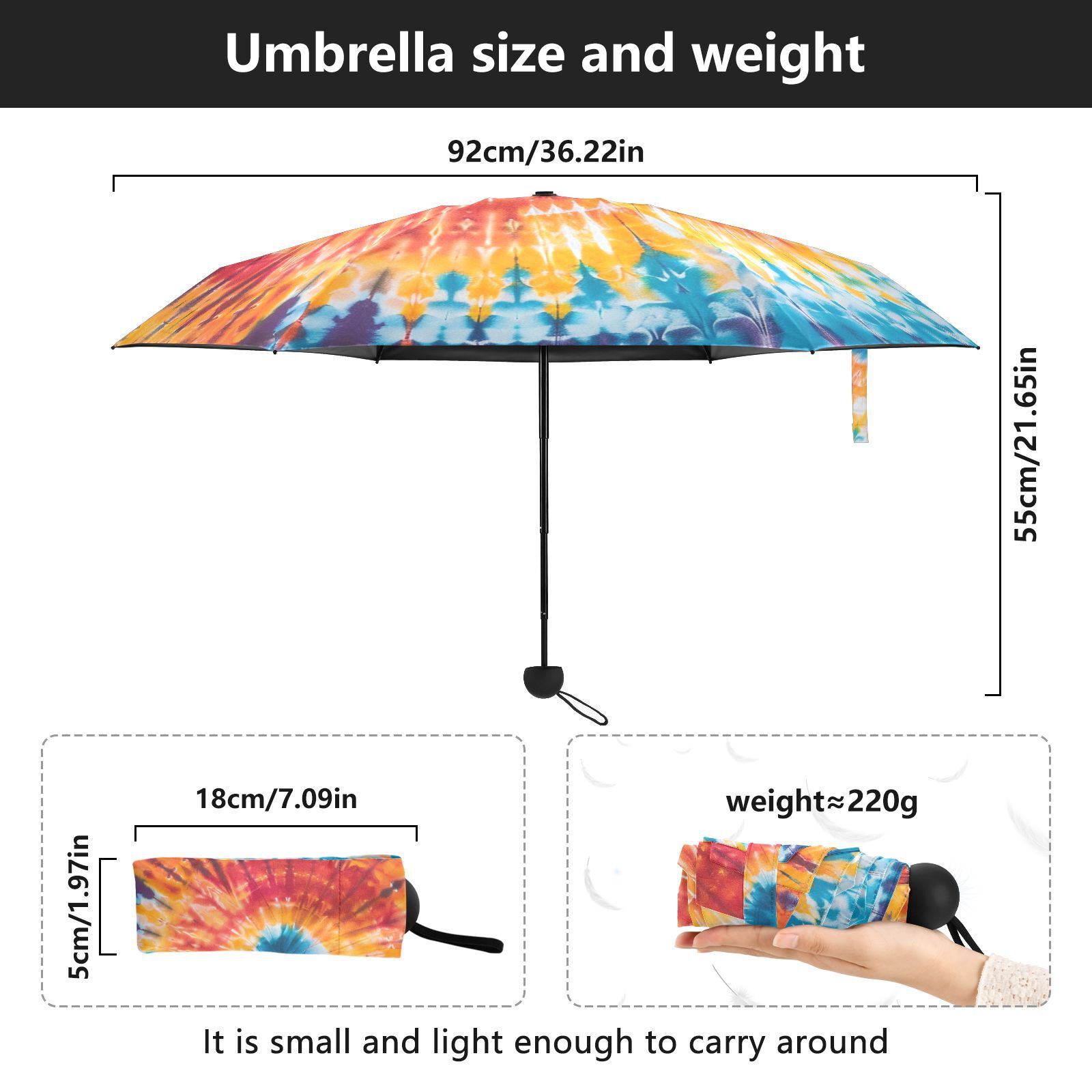 JSTEL Tie Dye Rainbow Color Folding Umbrella for Rain Sun Travel Mini Lightweight Compact Umbrellas