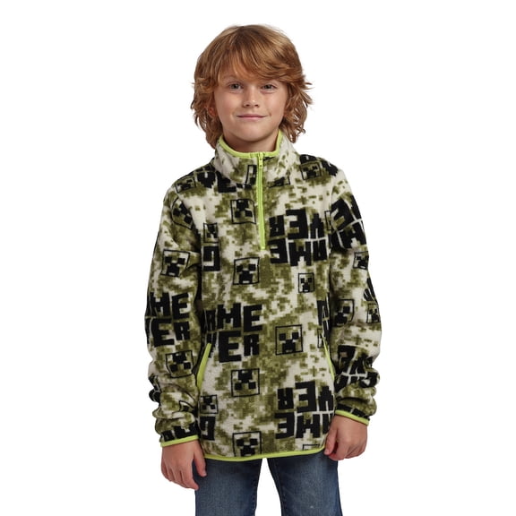 Minecraft Game Over Boy's White & Green Quarter Zip Jacket -6