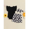 thumbnail image 4 of CIYCuIT Baby Girls Sweet Shorts Sets Fly Sleeve Ribbed Romper + Daisy Print Shorts with Belt + Bow Headband 3Pcs 3M 6M 9M 12M 18M Infant Toddler Cute Shorts Sets, 4 of 9