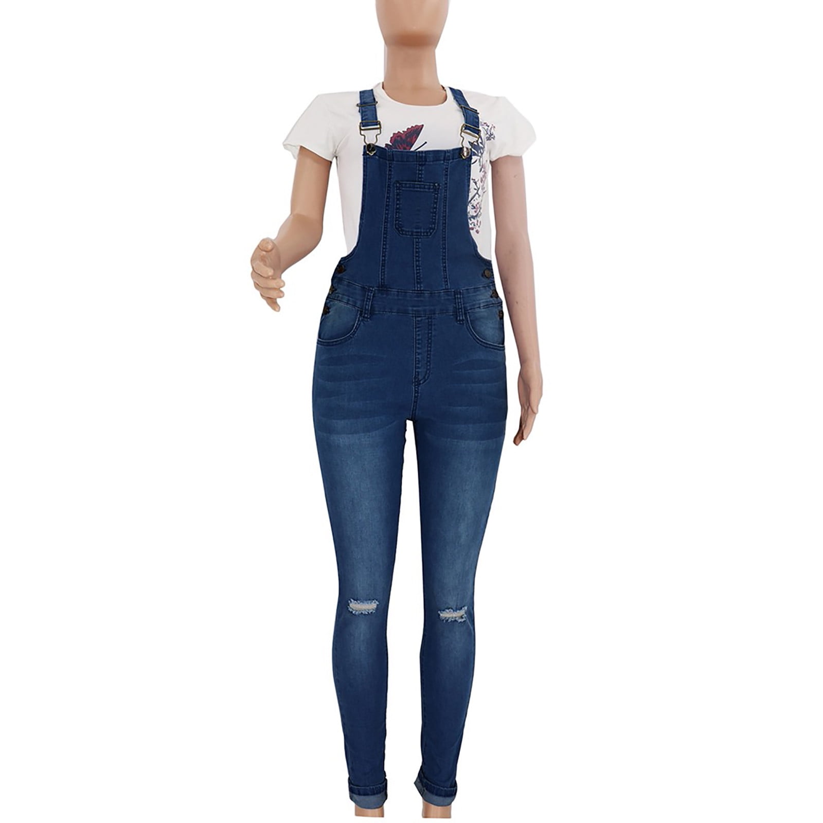 Blue Adjustable Straps Denim Jumpsuit, High Stretch Slim Fit Slant Pockets Denim  Overalls, Women's Denim Clothing - Temu