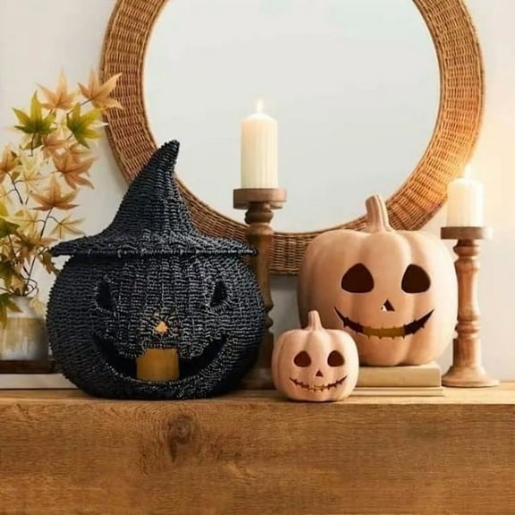 XMMSWDLA ‌2025 Happy Haunting Seagrass & Metal Pumpkin-Hand-Knit Pumpkin Candle Holder - Witchlight Keeper Jack-O'-10.6" Witch Hat Lantern for Halloween Table Decor,Desk Storage Ornaments