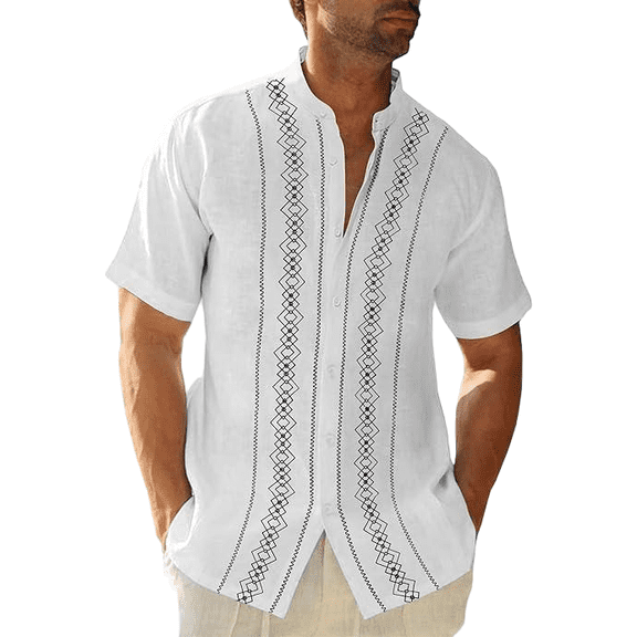 Men's short-sleeve casual button-up shirt, stand collar guayabera shirt, beach shirt