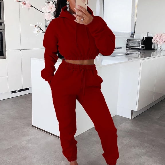 Jogging Sets for Women 2 Piece Women's 2 Piece Tracksuit Outfits Workout Long Sleeve Cropped Sweatshirt Tops Joggers Pants Sets Sweatsuits Red XXL