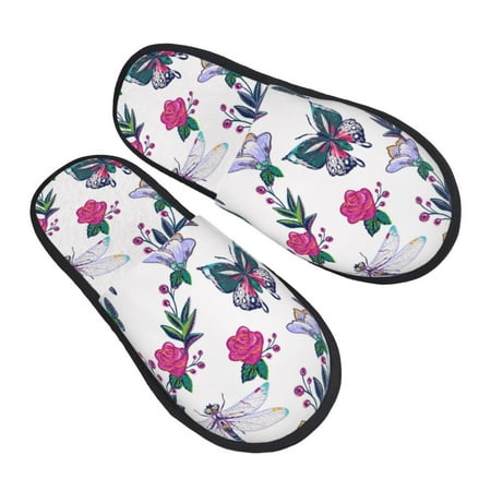 

House Slippers for Women Men - Butterfly Dragonfly Plants Soft House Shoes Fuzzy Slippers Lightweight Slip-On Cozy House Slippers for Woman Indoor Outdoor
