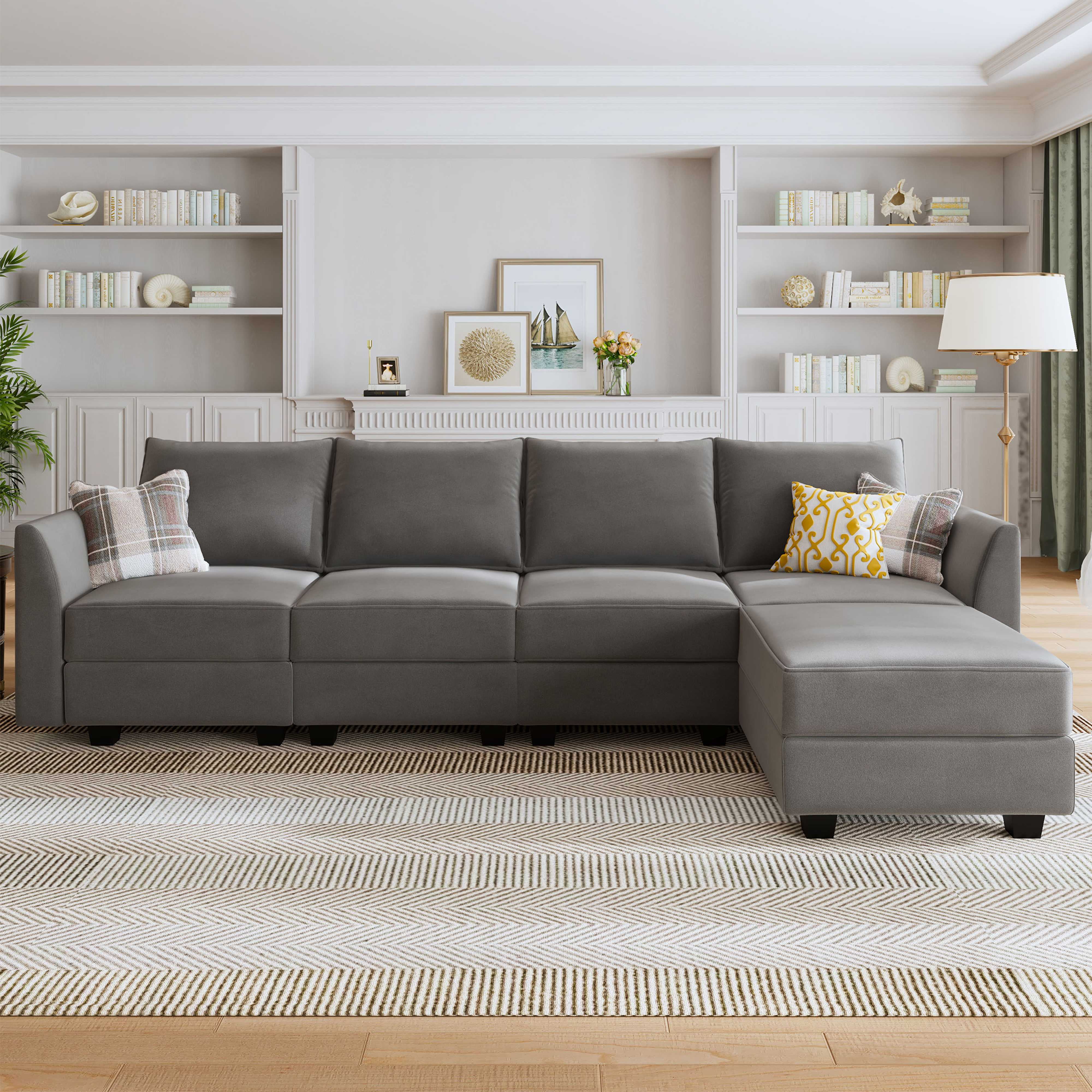 HONBAY Velvet Sectional Sofa Couch Set with Chaise and Tufted Back Cushions  for Living Room, Dull Grey 