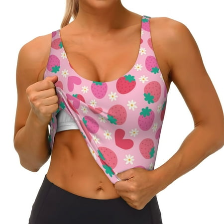Qokaie Haear Strawberry Pattern Womens Scoop Neck Sports Bra Breathable Workout Vest Padded U Back Medium Impact Fitness Gym Yoga Bra Workout Crop Top