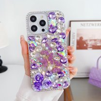 for iPhone 16 Pro Max Bling Glitter Case, Luxury Shiny Diamond Crystal Rhinestone Sparkly Jewelled Gemstone 3D Handmade Clear Cover Case for Women Girls for iPhone 16 Pro Max, Purple