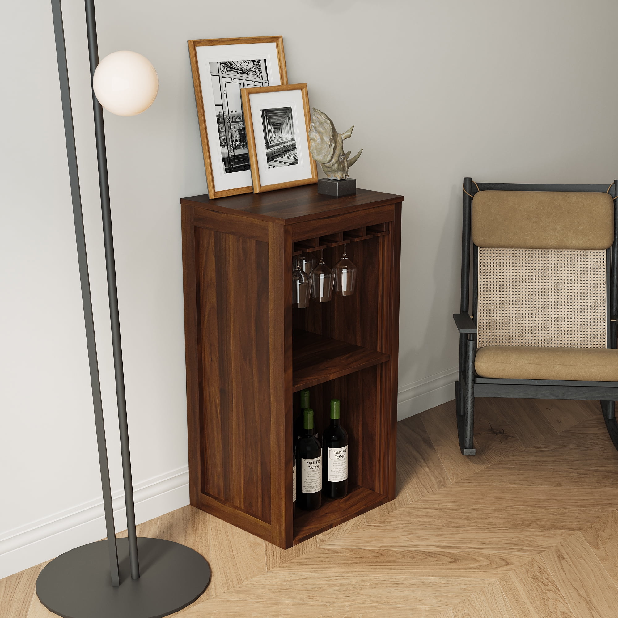 Wine Cabinet with Open Shelves and Attached Hutch, Modular Buffet for Living Room or Home Office, Brown Walnut Finish, Multi-Functional Display and Storage