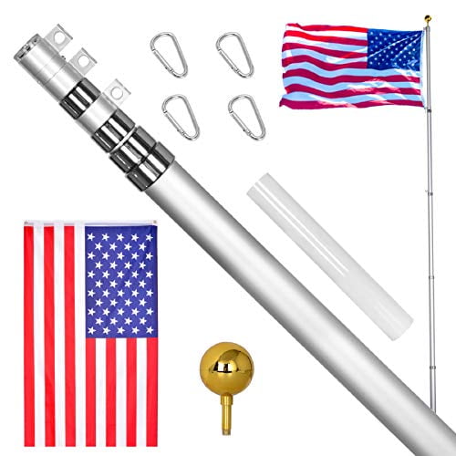 GUOHONG 20FT Flag Poles Kit,Extra Thick Heavy Duty 16 Gauge Aluminum Telescopic Flagpole Kit with 3'x5' US American Polyester Flag,Can Hang 2 Flags for Residential,Outdoor,Yard 20FT-Sectional