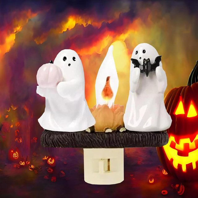 Luz de noche parpadeante de fogata fantasma 2024: luz de noche de fogata con fantasmas asando s'mores, luz de noche de malvavisco de fuego espeluznante 3D, decoración divertida de Halloween, luces de