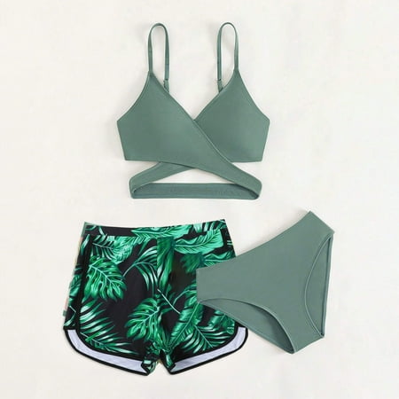 Geire 3 Piece Swimsuits for Girls Criss Cross Bikini Set with Cover Up Skirt Beach Swimwear Green 150