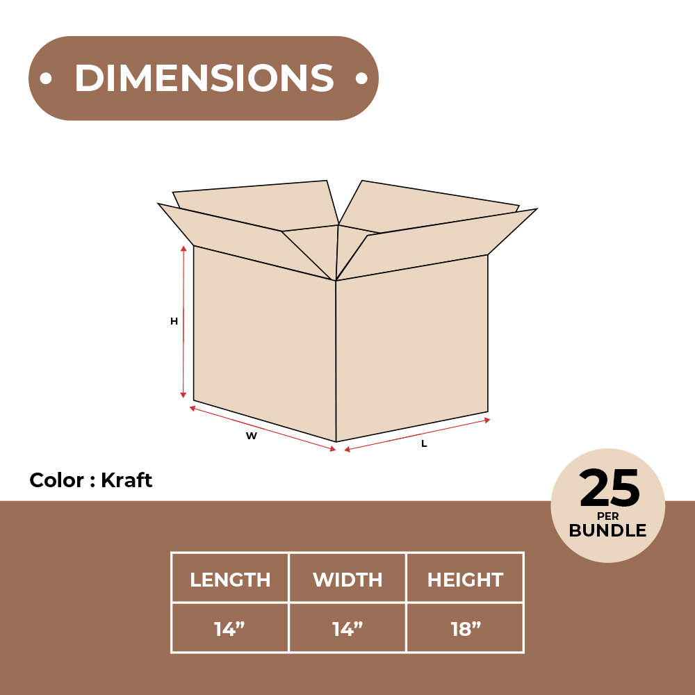 Corrugated Shipping Boxes 14x14x18 Moving Storage Cartons Box, Kraft, 25/Pk